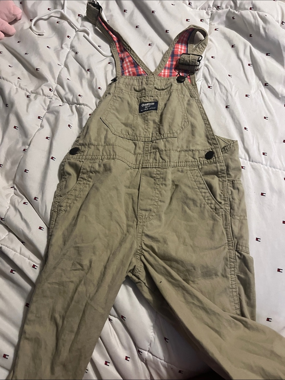 OshKosh B'gosh Tan Toddler Overalls with White Plaid Lining